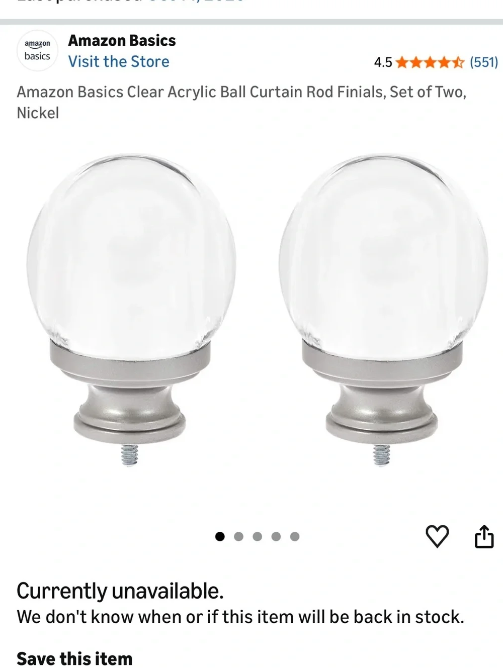 Set of 4 acrylic clear ball finials for curtain rods Amazon basics nickle glass